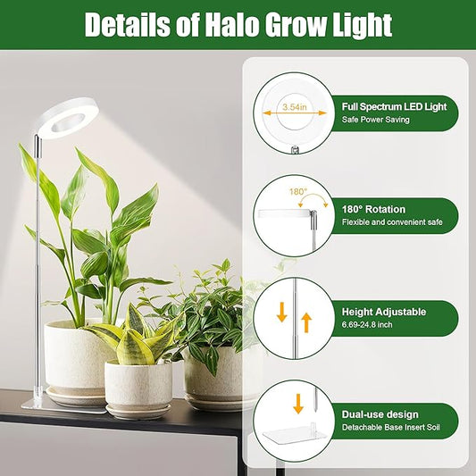 3.54" White Grow Light, Full Spectrum Plant Lights for Indoor Growing with 3/9/12H Timer, 3 Color Modes, 10 Brightness, 6.6"-24.8" Height Adjustable,Small Halo Grow Light with Base, 2 Pack