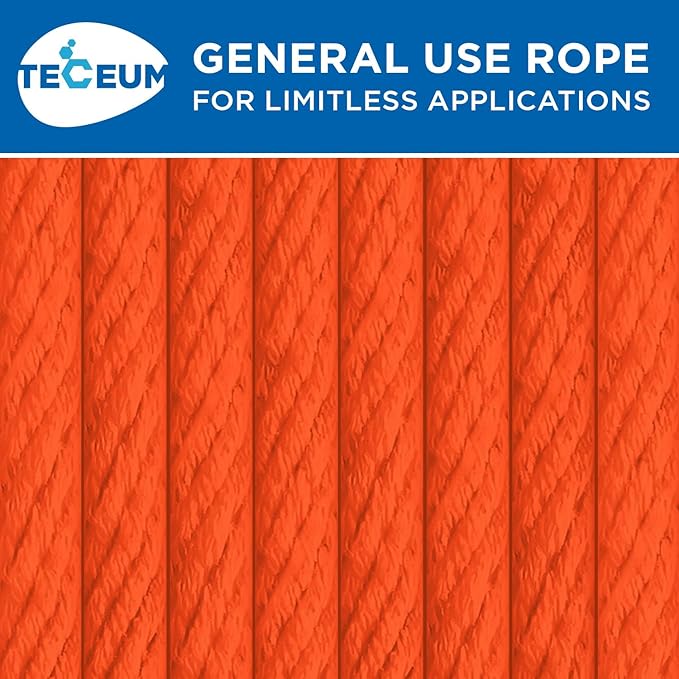 TECEUM Cotton Rope 3/16” (5 mm) – 100 FT – Strong All-Purpose Braided Rope – Natural Cotton – for Crafting, Сamping, Clothes Line, DIY, Indoor & Outdoor Use – Orange