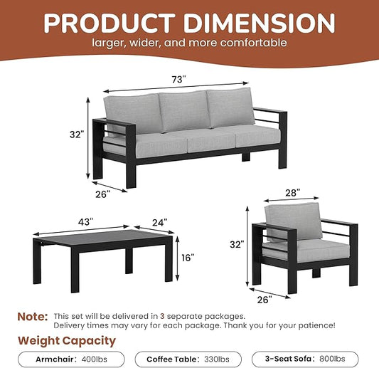 Solaste Aluminum Patio Furniture Set, 5 Seats Modern Outdoor Conversation Set Sectional Sofa with Upgrade Cushion and Coffee Table,Black Frame and Grey Cushion