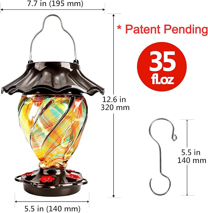 LUJII Solar Powered Color Changing Hummingbird Feeder for Outdoors Hanging, Hand Blown Glass, 35 fl.oz, Leakproof, Illuminated Lantern for Garden Decor, Gift for Bird Lover, 5 Metal Perches, Ribbon