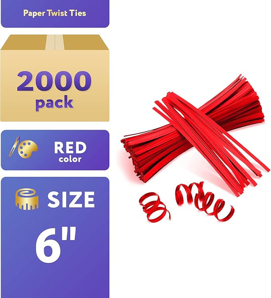 APQ Red Metallic Twist Ties for Bags, 6 inches. 2000 Pack Plastic-Coated Bread Twist Ties for Treat Bags. Reusable Bread Ties. Light Metallic Twist Tie. Heavy-Duty Twisty Ties for Bags