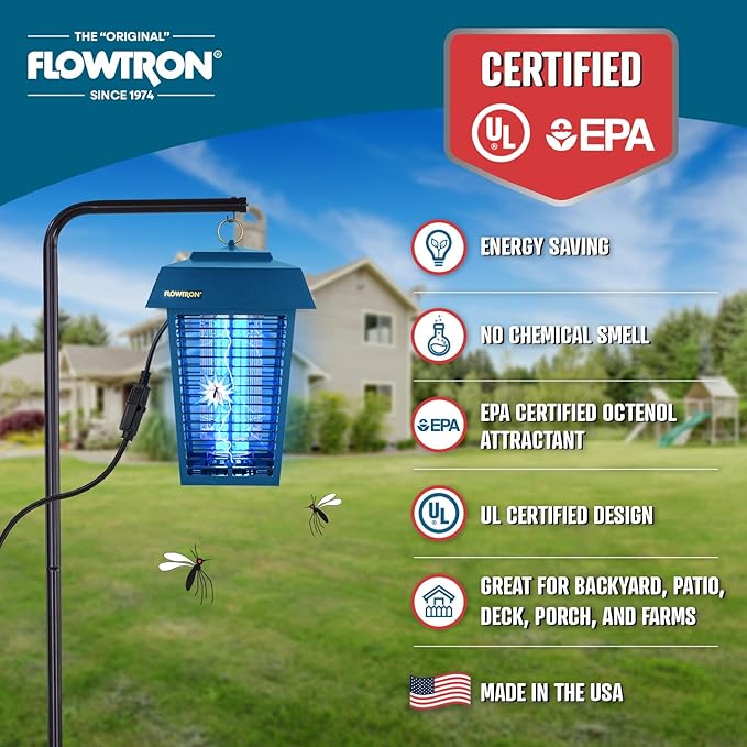 Flowtron Bug Zapper, 1 Acre of Outdoor Coverage with Powerful 40W Bulb & 5600V Instant Killing Grid, Electric Insect, Fly & Mosquito Zapper, Made in The USA - Blue Color