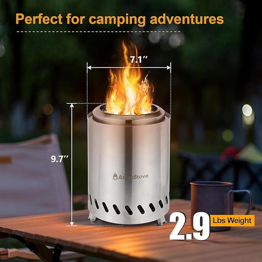 9.7 x 7.1 Inch Tabletop Fire Pit by AmazStove, Low Smoke Camping Stove for Outdoor Safe Burning Firepits, Fueled Pellets or Wood, Travel Bag Included (Silver, 9.7 x 7.1 INCH)