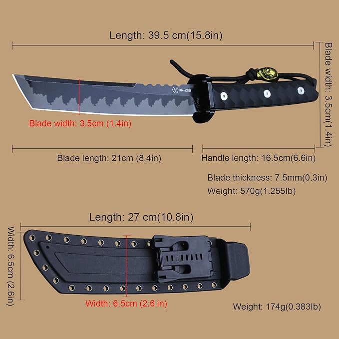 BA-KOR 15.8in Full Tang Japanese Style Outdoor Knife –8mm DC53 Steel, Nylon Fiber Handle &Sheath, Hunting Survival Knife+(5.9in) cerium igniter (Black handle and black blade (8mm))