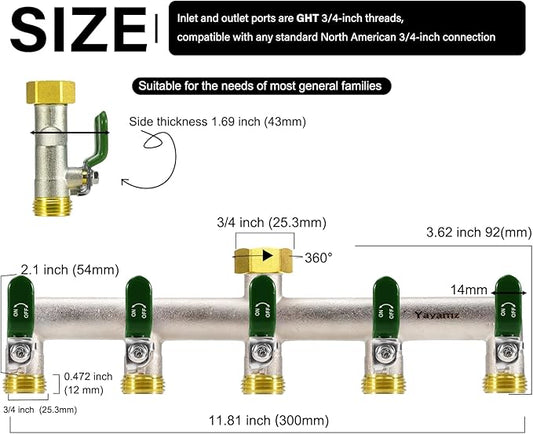 5 Way Garden Hose Splitter, Heavy Duty Brass Nickel Plated Rust Resistant Faucet Manifold, 3/4" Frost Resistant Outdoor Hose Adapter Connector,Hose Spigot Adapter with 5 large Green handles