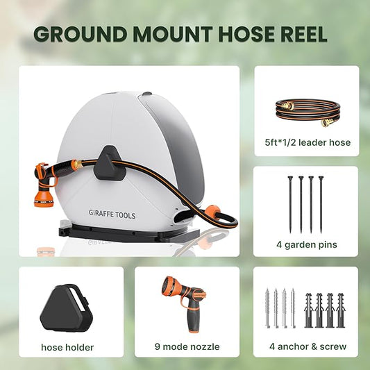 Giraffe Tools 130FT Heavy Duty Ground Retractable Hose Reel, 1/2 Inch Automatic Rewind Garden Hose Reel for Lawn & Yard, Swivel Base for Concrete/Patio, Durable Ground Mount Helper