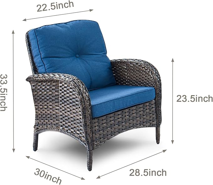 HUMMUH Outdoor Wicker Chairs Patio Dining Chairs Set of 2 with High Back and Deep Seat for Garden,Porch,Backyard,Balcony (Brown/Blue)