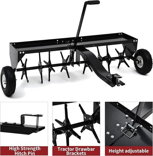 YITAMOTOR 48" Tow Plug Lawn Aerator with Universal Hitch,Black Painted Galvanized Steel with Tray and Inflatable Wheels, Lawn Aerator Tow Behind for Garden, Farm and Lawn