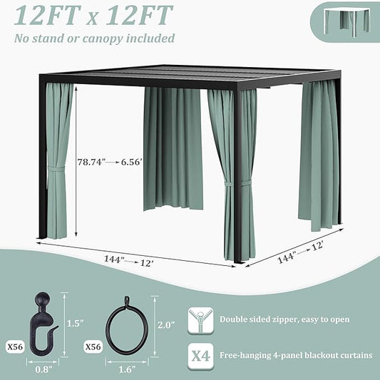 Gazebo Universal Replacement Privacy Curtain,12'×12' Gazebo Outdoor Waterproof Curtains, 4-Panels Sidewall Curtains with Double Zipper for Patio Canopy, Garden and Backyard (Curtain Only)