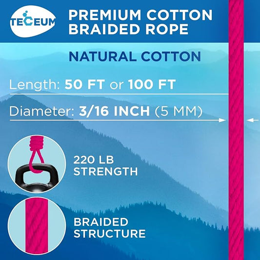 TECEUM Cotton Rope 3/16” (5 mm) – 100 FT – Strong All-Purpose Braided Rope – Natural Cotton – for Crafting, Сamping, Clothes Line, DIY, Indoor & Outdoor Use – Bright Pink