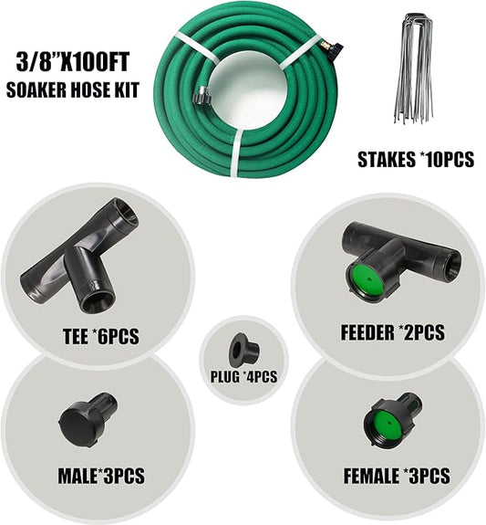 3/8” Soaker Hose 100 ft/Upgraded Rubber Hose Save 70% Water/Flexible Durable Garden Hose Quick Connect Fittings with Brass Ends/Ideal for Lawns,Trees,Vegetables,Gardens & Flower Beds
