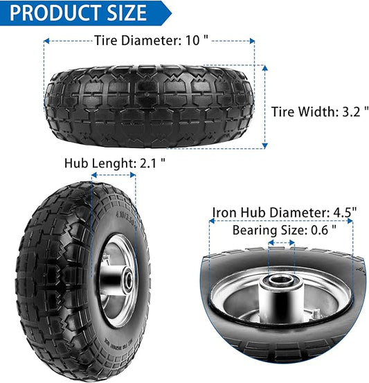 4.10/3.50-4 Tires and Wheels Flat Free 10 Inch Solid Tires Replacement with 5/8" Axle Bore Hole, 16 Spacers 8 Pins, for Cart, Garden Wagon, Wheelbarrow, Hand Truck, Trolley, Lawn Mower,4P