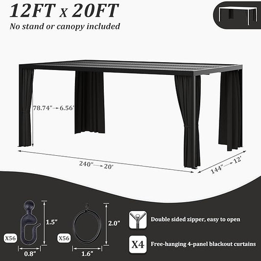 Gazebo Universal Replacement Privacy Curtain,12'×20' Gazebo Outdoor Waterproof Curtains, 4-Panels Sidewall Curtains with Double Zipper for Patio Canopy, Garden and Backyard (Curtain Only)