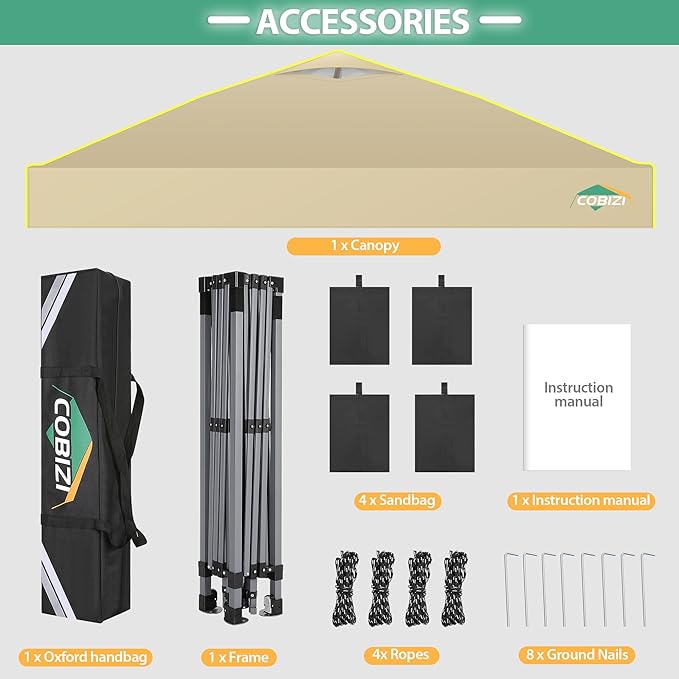 COBIZI Canopy 10x10 Pop Up Canopy Tent 1-Button Push Easy up Outdoor Canopy Instant Portable Commercial Shelter Waterproof UPF50+ Gazebo with Reflective Strip, Air Vent & 4 Sandbags,Khaki