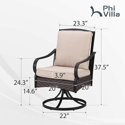 PHI VILLA Outdoor Swivel Chairs Set of 4, Heavy Duty Outdoor Metal Wicker Dining Chair with Thickened Cushions, Large All Weather Wrought Iron Patio Chair for Balcony