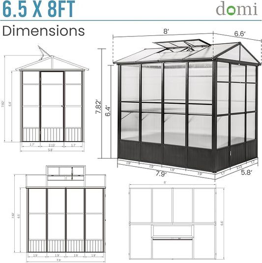 Domi 6.5x8FT Polycarbonate Greenhouse with Automatic Vent, Extra Tall 7.8FT Walk-in Aluminum Frame, Weather-Resistant Green House with Shelves & Hooks for Outdoor Garden, Backyard, Dark Grey