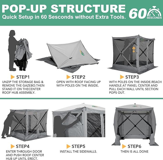 COBIZI 6x6 Pop up Gazebo Tent on Clearance, Ez up Waterproof Screen Tent Screen House with 3 sidewalls,Portable Outdoor Canopy with Carry Bag & Ground Stakes for Camping,Garden and Picnics, Grey
