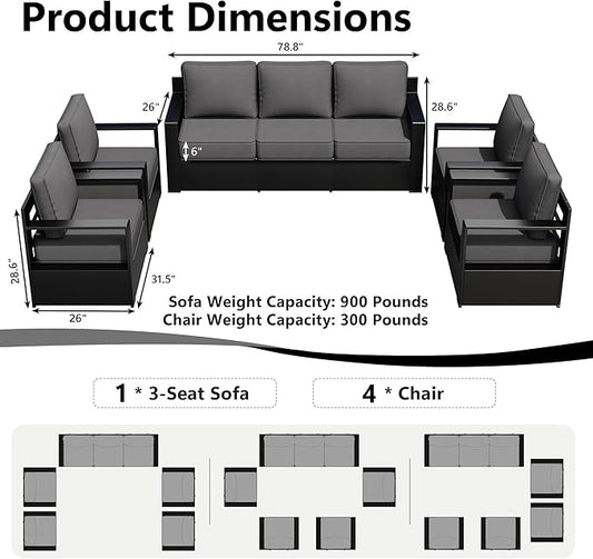 Outdoor Patio Furniture Set, 5-Piece Aluminum Patio Conversation Set All-Weather Metal Outdoor Sectional with 6 Inch Thick Cushions, Deep Setting for Garden, Outside and Porch