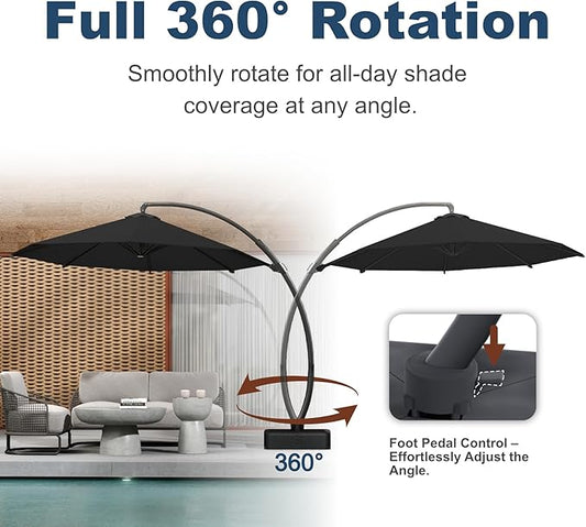 11FT Cantilever Umbrella with Base Large Curvy Outdoor Aluminum Offset Umbrella w/ 360° Rotation, UV Resistant Canopy for Patio, Garden, Backyard, Black