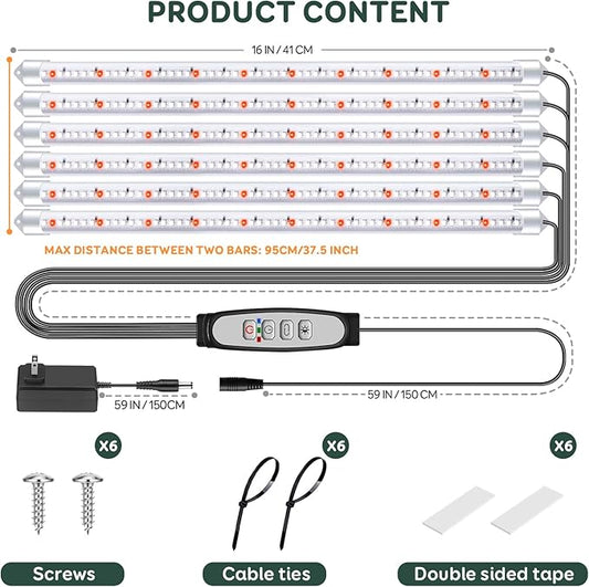6 Bars Grow Light Strips for Indoor Plants with Auto ON/Off Timer 6/12/18H, 5 Dimmable Levels for Shelves Plant Growing(Pack 2)