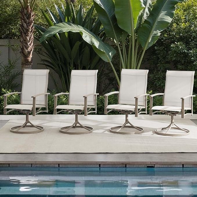 Patio Swivel Chairs Set of 8, Outdoor Swivel Chairs with Armrest, High Back Patio Chair with Metal Frame, All-Weather Outdoor Dining Chair for Deck, Porch and Lawn, Ivory Beige