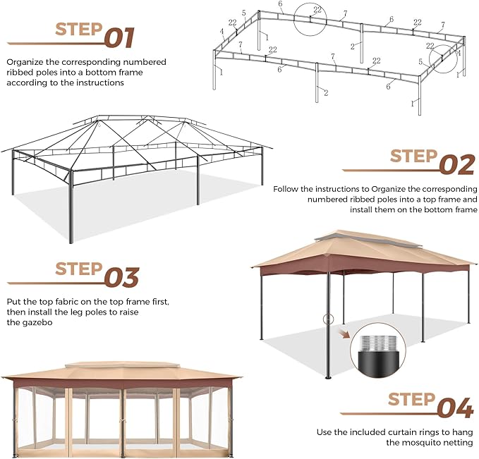 COBIZI Gazebo 12x20 Heavy Duty Gazebos with Improved Nettings Outdoor Gazebo Canopy Double Roof Patio Gazebos with Metal Steel Frame for Patio, Garden, Backyard (Khaki)