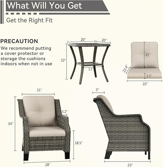 Patio Furniture Set 3 Pieces-Patio Chairs Set of 2 and A Side Table with Thick Cushions and All-Weather PE Wicker for Garden, Patio and Porch, Beige