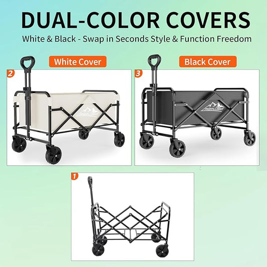 Collapsible Wagon Cart with 5" Removable 360° Swivel Wheels & Adjustable Handle, 220lbs Load Capacity, Dual Detachable Oxford Covers (White+Black), MDF Base, All-Terrain Portable Utility Cart