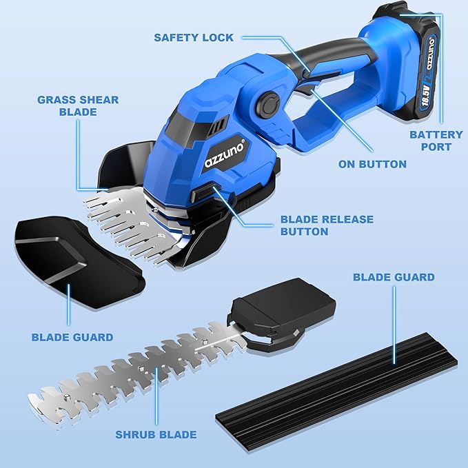 AZZUNO Hedge Trimmer Cordless, 2-in-1 Battery Powered Electric Hedge Trimmer&Grass Shears with Battery and Charger Included,Handheld Grass Cutter Shrub Trimmer for Gardens, Yards, Lawns