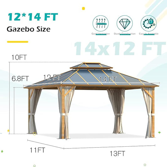 12'x14' Gazebo, YOLENY Outdoor Wood Grain Hardtop Gazebos on Clearance, Aluminum Composite Double Roof with Privacy Curtain and Mosquito Net for Patio, Lawn, Garden, Deck, Gray