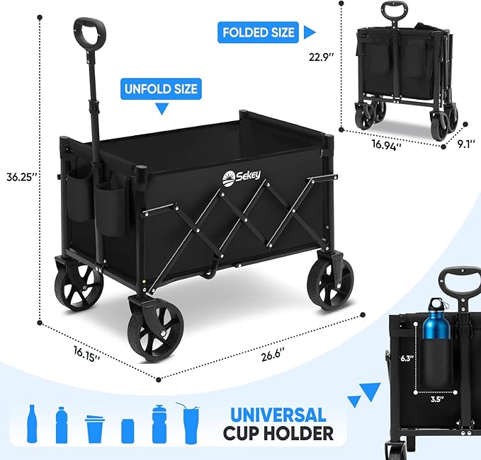 Sekey Heavy Duty Wagon with Big Wheels, Foldable Cart with 220LBS Capacity, Utility Lightweight Wagon, Collapsible Grocery Shopping Cart for Camping Sports & Holiday. Black