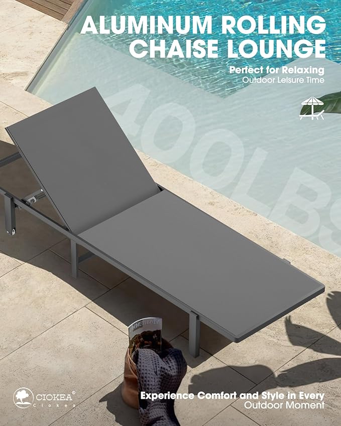 Aluminum Chaise Lounge Chair Outdoor with Wheels, Patio Lounge Chair with Adjustable 5-Position Recliner and Full Flat Tanning Chair for Patio, Beach, Pool, Grey