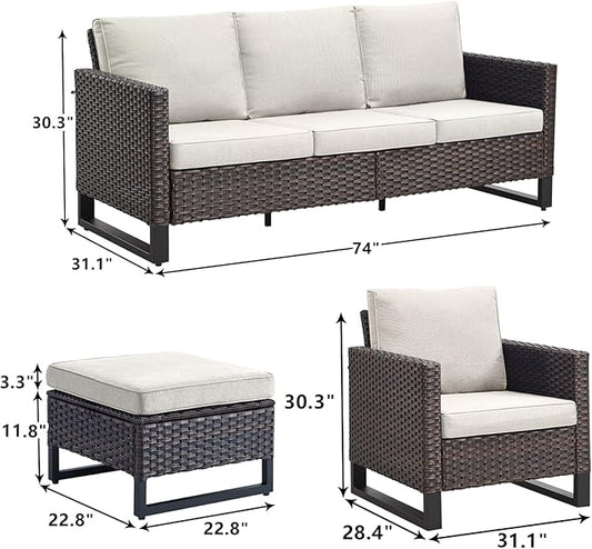 Rilyson Wicker Outdoor Patio Furniture Set - 5 Piece Patio Conversation Set with 2 Wicker Armrest Chairs,2 Rattan Ottoman and 1 Couch for Outside Porch Deck Backyard Garden(Brown/Beige)