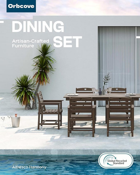 Patio Table and Chairs Set with Umbrella Hole, HDPE Patio Dining Set for 6, Outdoor Dining Set for Lawn, Patio, Porch, Deck, Poolside, Yard (Mahogany, 7-Piece)