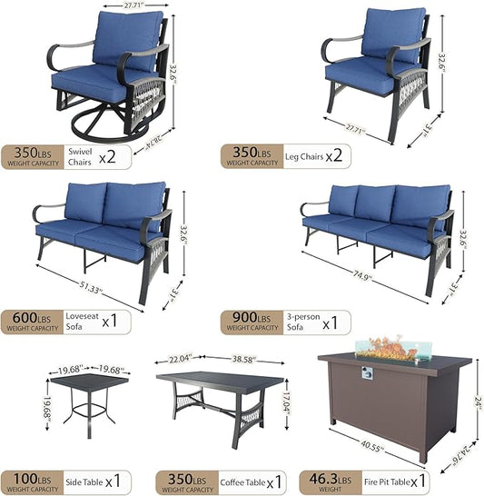 9 Pieces Modern Patio Furniture Set, All Weather Metal Outdoor Conversation Sets with Fire Pit Table for Backyard Garden Deck Porch Poolside, Blue