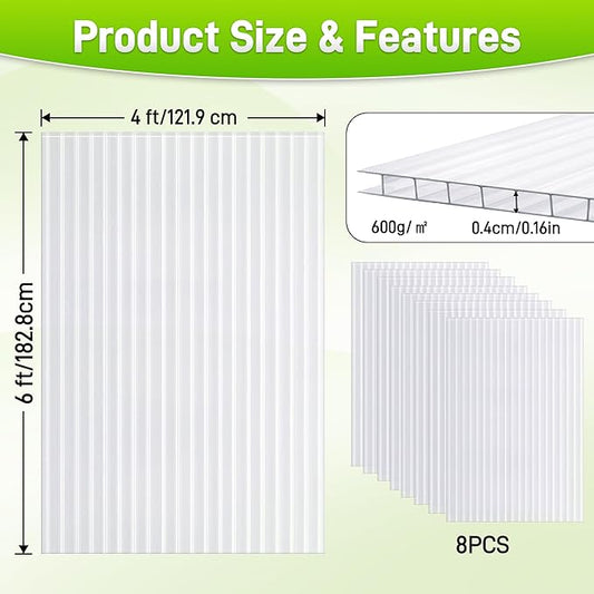 8PCS Polycarbonate Greenhouse Panels, 6' x 4' x 0.16'' Twin-Wall Panels Polycarbonate Sheet, Clear Waterproof UV Protected Corrugated Plastic Roof Panels for Greenhouse Replacement