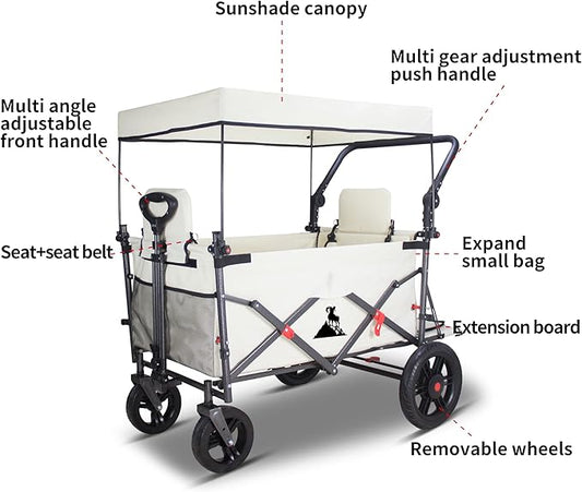 Collapsible Foldable Wagon Cart with Quick-Release Wheels & 2 Seats Camping Wagon- Heavy-Duty Utility Wagon 265LBS Capacity for Camping, Garden, Shopping (Beige)