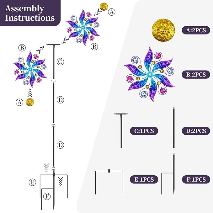Metal Wind Spinner Outdoor, Purple Flowers Wind Sculpture Spinners with Metal Stake, Yard Art Decor for Patio, Lawn & Garden, Creative Gifts 57.5 * 13.3 Inch