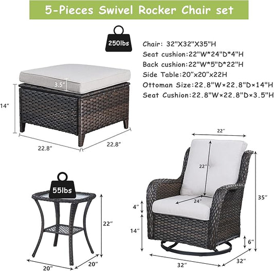 Outdoor Wicker Patio Furniture Set - 5 Pieces Rattan Patio Conversation Set with 2 Rocking Swivel Chairs,2 Ottomans and 1 Side Table for Porch Deck Backyard Garden(Brown/Beige)