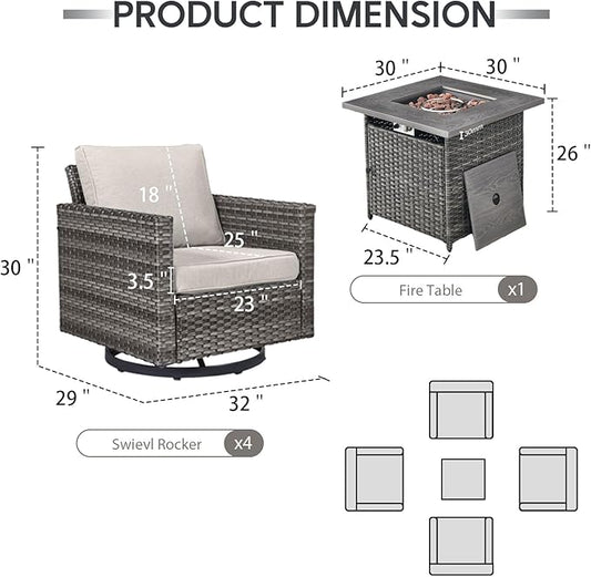 Outdoor Swivel Rocker Chairs Set of 4 with Fire Pit Table - 5 Peice Wicker Patio Furniture Set Conversation Set with 50,000 BTU Fire Pit for Deck Backyard - Grey Wicker Beige Cushion