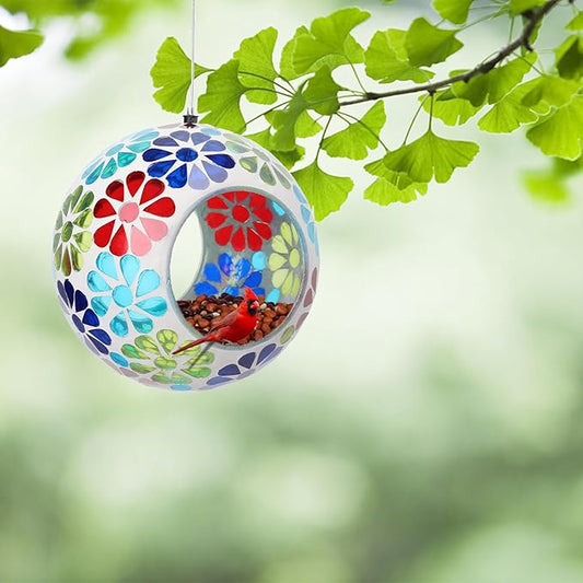 Bird Feeder - Mosaic Fly Through Bird Feeders for Outside Hanging with Round Shape Glass Container Birdfeeder for Garden Decor, 6.5 Inch Colorful Flower Design