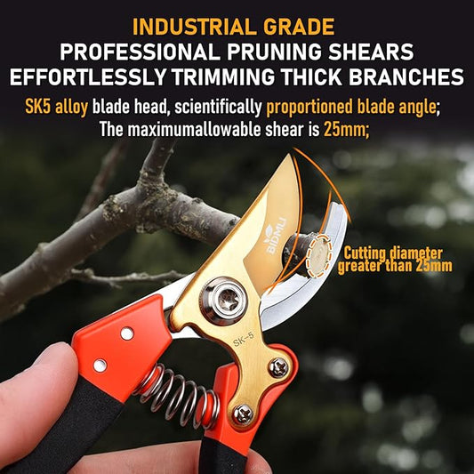 Heavy Duty Pruning Shears,Garden Scissors & Clippers with Red-BIDMLI 8.66" SK5 Steel Blades & Aluminum Alloy Handles, Tree Branch Cutter, Ideal for Thick Branches, Dry Twigs, Flower Pruning Tool.