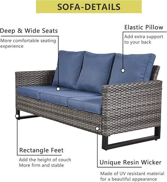 HUMMUH 7 Piece Patio Furniture with Fire Pit 30in 55,000 BTU,PE Wicker Outdoor Conversation Sets - Couch,Patio Chairs and Ottomans,Side Table for Porch,Garden,Backyard