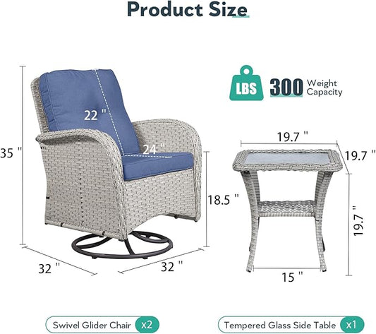 Outdoor Swivel Glider Rocker Chairs - 3 Piece Wicker Patio Furniture Set, All Weather Patio Bistro Set with Glass Side Table for Balcony Porch Deck Backyard - Light Beige Wicker Blue Cushion
