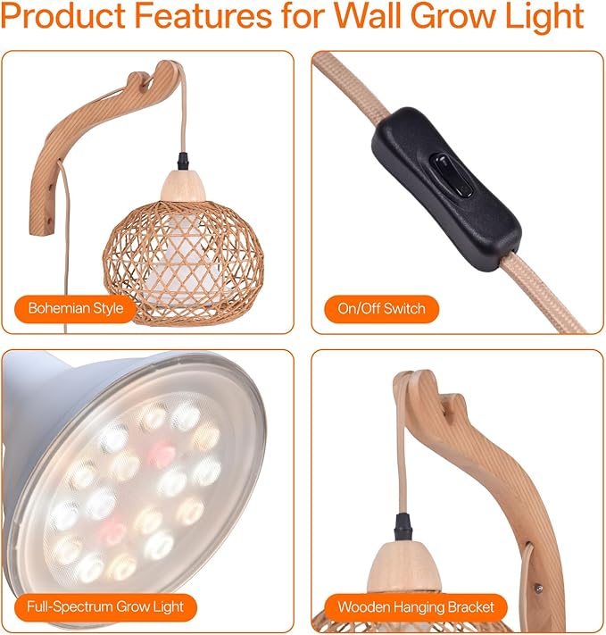 Bstrip Hanging Grow Lights for Indoor Plants, 18W Full Spectrum, Boho Rattan Lantern Shade, 3800K Wall-Mounted Decorative Plant Light with 9.8FT Power Cord, Ideal for Tall Plants, Flowers