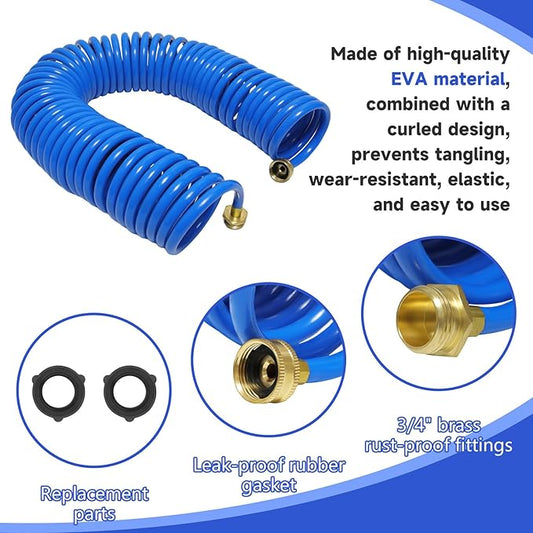 Coil Hose,3/8" EVA Coil Garden Hose 25 FT,Curly Water Hose Lightweight with Brass Connectors,Recoil Garden Hose Includes 8-Pattern Spray Nozzle for Boat, Yard, Patio, Green