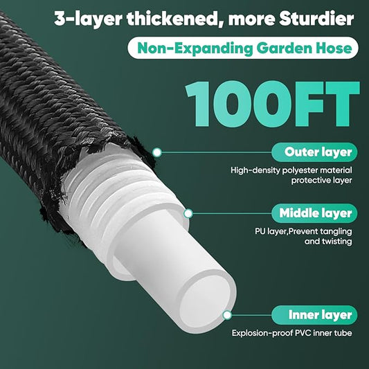 Garden Hose Non-Expanding 100ft, Flexible Garden Hose with 10 Function Hose Nozzle, Lightweight, Kink Free and Water Hose for Outdoor,Yard, Lawn, Car Wash, Marine,and Camper Use