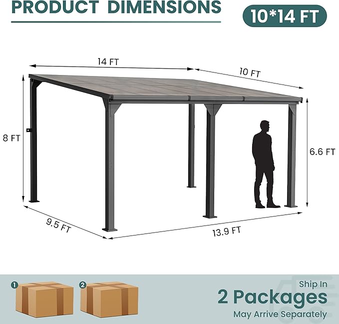 10 * 14FT Pergola,Outdoor Gazebo,Hardtop Lean to Gazebo,Wall Mounted Pergola,Pergolas Gazebos Clearance,Aluminum Frame Pergola,UV Resistant Patio Roof,Patio Awnings for Porch,Lawn,Backyard