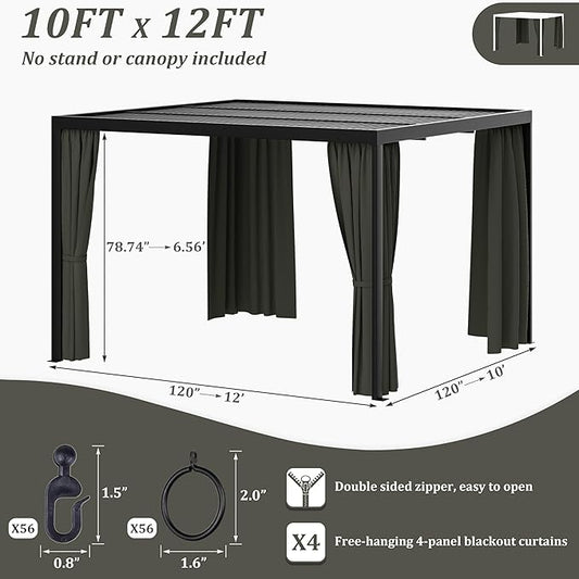 Gazebo Universal Replacement Privacy Curtain,10'×12' Gazebo Outdoor Waterproof Curtains, 4-Panels Sidewall Curtains with Double Zipper for Patio Canopy, Garden and Backyard (Curtain Only)
