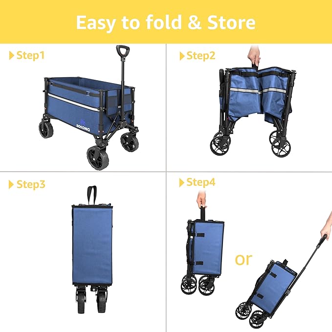 Collapsible Wagon Cart with Wheels Foldable - Folding Utility Heavy Duty Wagons Carts for Grocery Sports Garden Shopping Camping Wheelbarrows (Navy Blue, 120L)